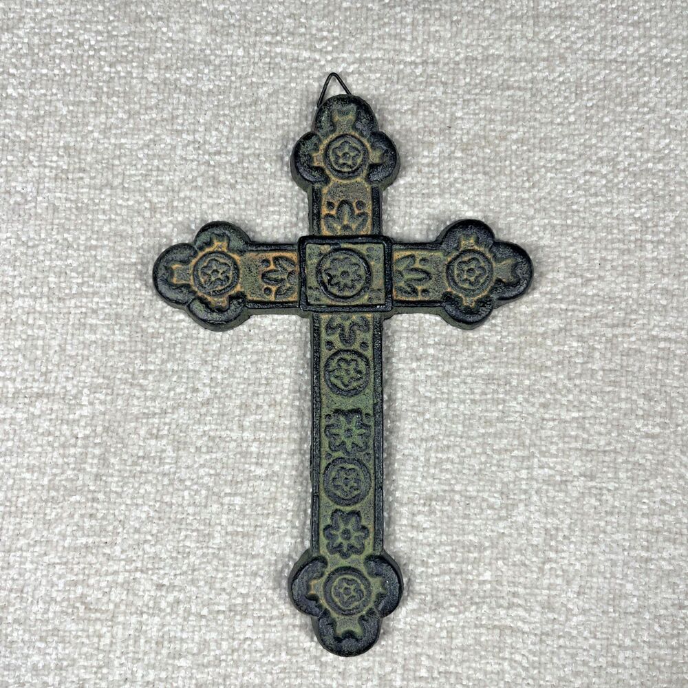 Cast Iron Cross Decorated Green Color Wall Art Hanging Decor 8.5"H x 5.75"W
